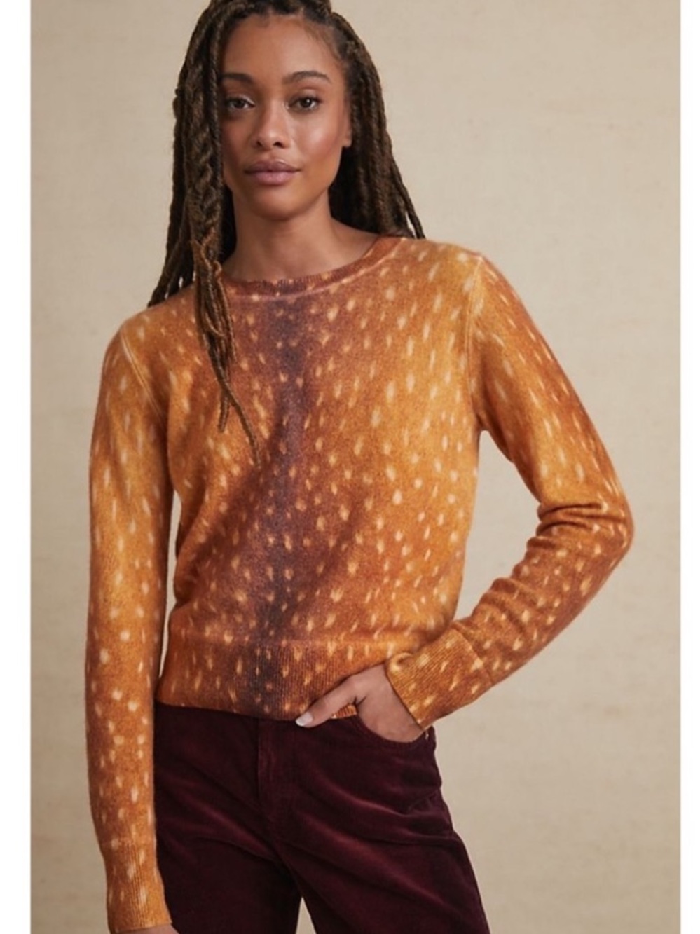 NAADAM x Anthropologie cashmere Bambi print  deer Crewneck Sweater